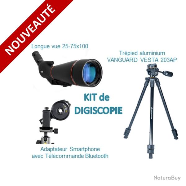 KIT longue vue 25-75x100 DIGITAL OPTIC+Tr�pied VANGUARD VESTA 203AP+Adapt.smartphone MaxZoomExplorer