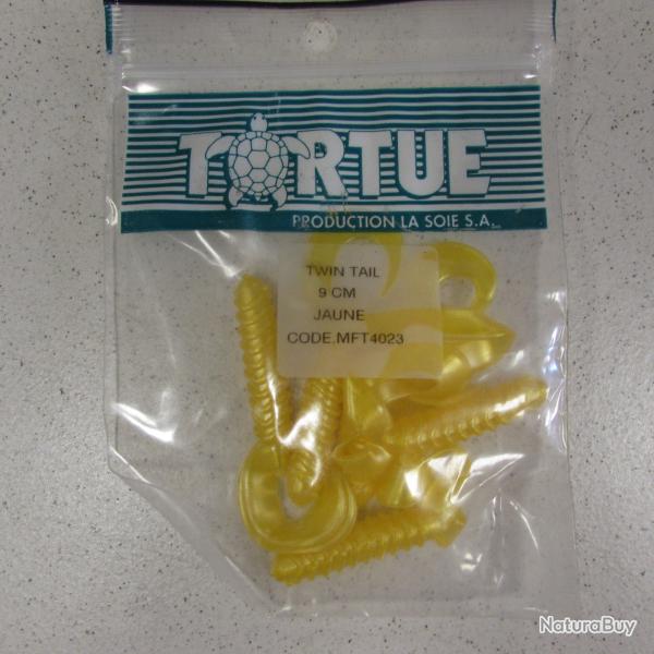 Leurre souple de marque TORTUE, Twin tail, jaune, 9 cm, sachet de 5
