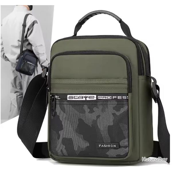 Sac Sacoche Bandouli�re Nylon Oxford Unisexe Multi-Poches Bureau Sport Vert Camouflage