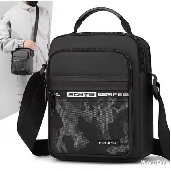 Sac Sacoche Bandouli�re Nylon Oxford Unisexe Multi-Poches Bureau Sport Noir Camouflage