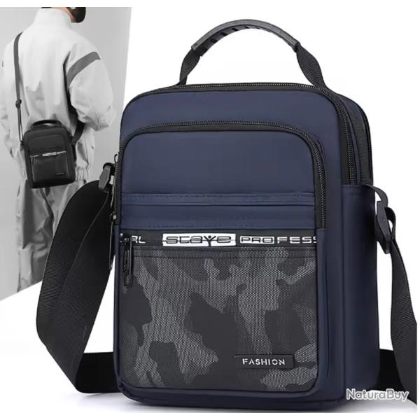 Sac Sacoche Bandouli�re Nylon Oxford Unisexe Multi-Poches Bureau Sport Bleu Camouflage