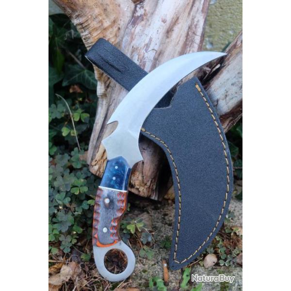 Couteau Karambit Lame Acier Carbone 1055 Manche Bois Etui/R�sine Simili Cuir Fabr Artisanale