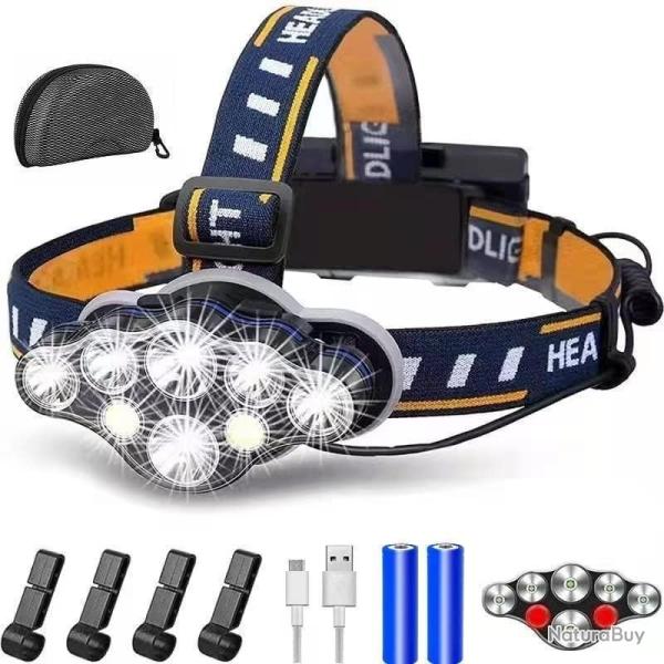 Lampe Frontale Torche 18000 Lumens 8 LED  LED Puissante Rechargeable USB  R�glable �tanche