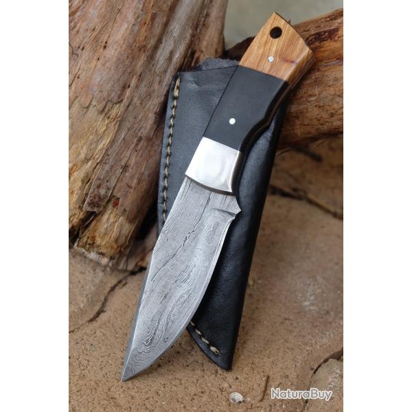 Skinner Couteau de Chasse Damas Lame 256 Couches Manche Bois/Micarta Fabr Artisan Etui Simili Cuir