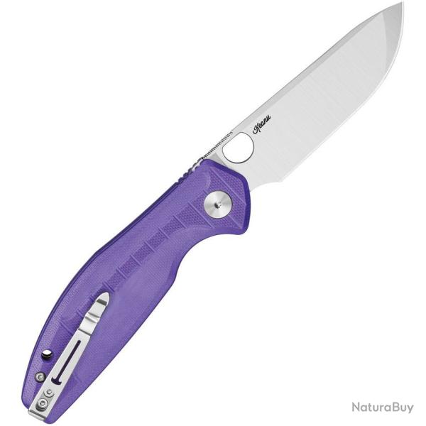 Couteau Bestechman Angry Owl Purple Lame Acier D2 Satin Manche G10 IKBS Button Lock BTKMK12E1