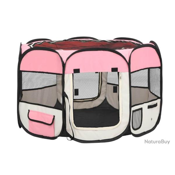 Parc pliable pour chien rose en polyester et acier 145 x 145 x 61 cm avec sac