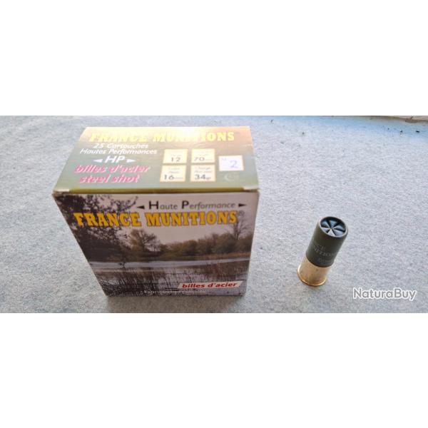 Cartouches FRANCE MUNITIONS cal 12/70  acier HAUTES PERFORMANCES 34gr N�2 x25 cartouches