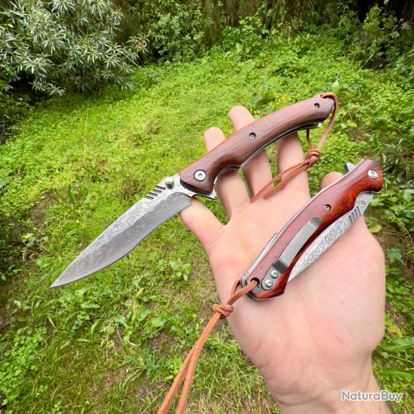 Couteau pliant acier damas manche bois collection custom # 284