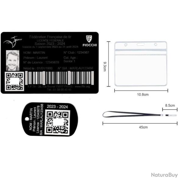 Licence de tir + Port� cl� TAG militaire en aluminium grav� au laser (Recto) + Porte badge tour de c