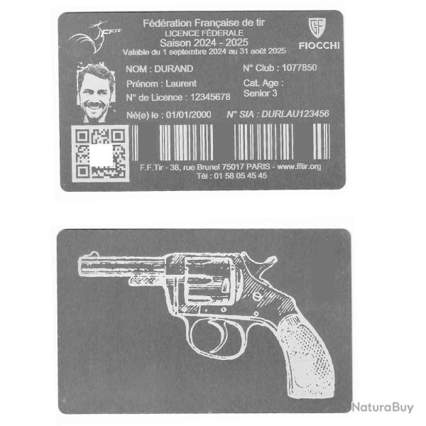 Licence de tir en aluminium argent�e grav� au laser (Recto / Verso)
