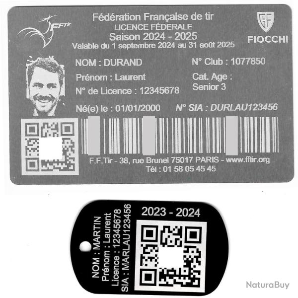 Licence de tir aluminium argent�e + Port� cl� TAG militaire en aluminium grav� au laser (Recto)