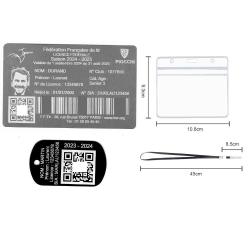 Licence de tir aluminium argent&eacute;e + Port&eacute; cl&eacute; TAG militaire en aluminium grav&eacute; au laser (Recto) + Po