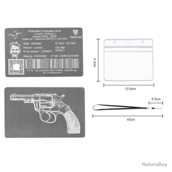 Licence de tir en aluminium argent�e grav� au laser (Recto / Verso) + Porte badge tour de cou