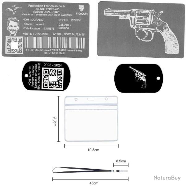 Licence de tir aluminium argent�e+Port� cl� TAG militaire en aluminium grav� au laser (Recto / Verso