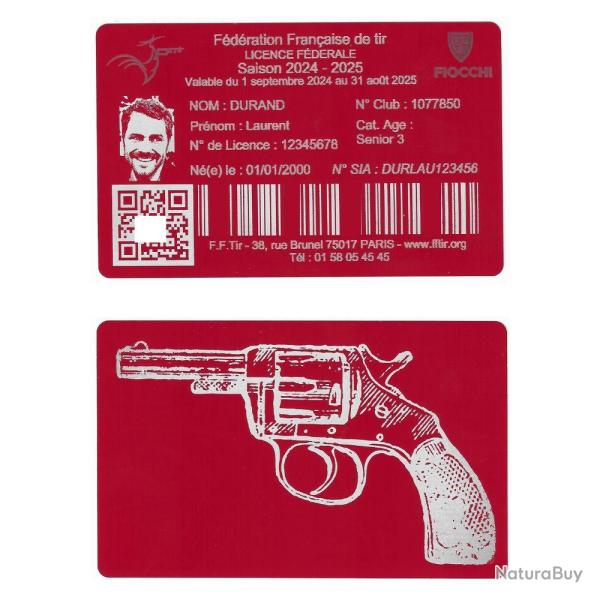 Licence de tir en aluminium rouge grav� au laser (Recto / Verso)