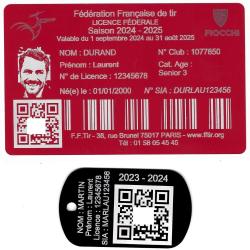 Licence de tir aluminium rouge + Port&eacute; cl&eacute; TAG militaire en aluminium grav&eacute; au laser (Recto)