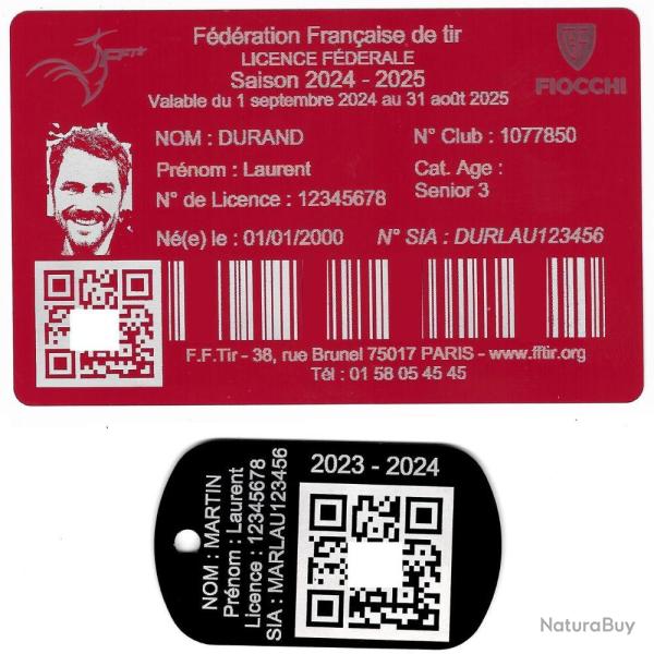 Licence de tir aluminium rouge + Port� cl� TAG militaire en aluminium grav� au laser (Recto)