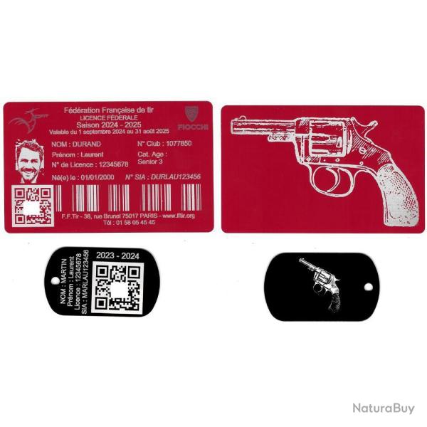 Licence de tir aluminium rouge + Port� cl� TAG militaire en aluminium grav� au laser (Recto / Verso)