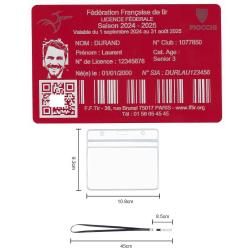 Licence de tir en aluminium rouge grav&eacute; au laser (Recto) + Porte badge tour de cou
