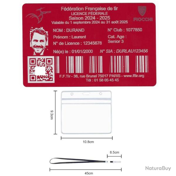 Licence de tir en aluminium rouge grav� au laser (Recto) + Porte badge tour de cou