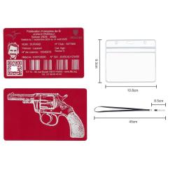 Licence de tir en aluminium rouge grav&eacute; au laser (Recto / Verso) + Porte badge tour de cou