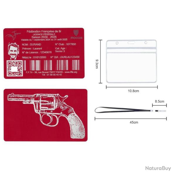 Licence de tir en aluminium rouge grav� au laser (Recto / Verso) + Porte badge tour de cou