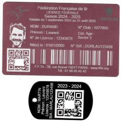 Licence de tir aluminium rose + Port&eacute; cl&eacute; TAG militaire en aluminium grav&eacute; au laser (Recto)