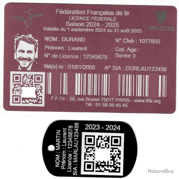 Licence de tir aluminium rose + Port� cl� TAG militaire en aluminium grav� au laser (Recto)