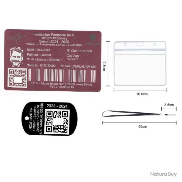 Licence de tir aluminium rose + Port� cl� TAG militaire en aluminium grav� au laser (Recto) + Porte 