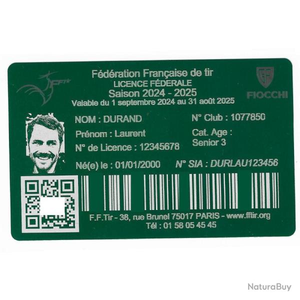 Licence de tir en aluminium vert grav� au laser (Recto)