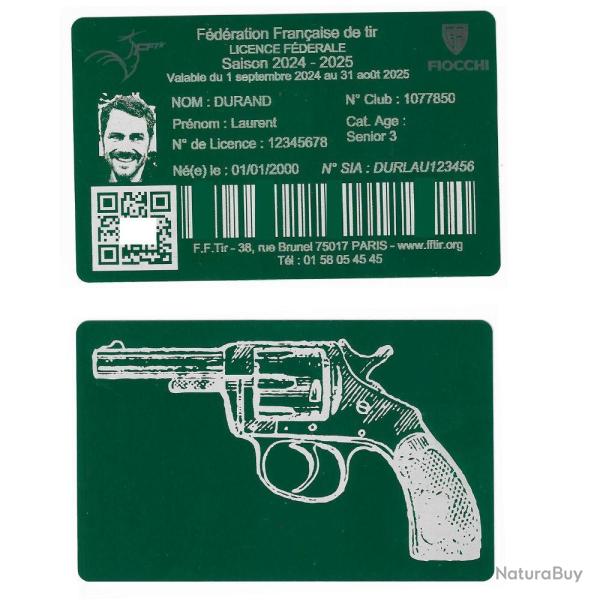 Licence de tir en aluminium vert grav� au laser (Recto / Verso)