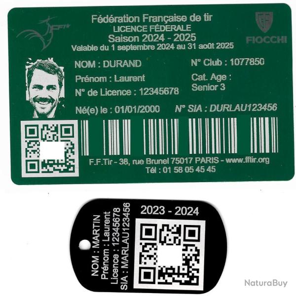 Licence de tir aluminium vert + Port� cl� TAG militaire en aluminium grav� au laser (Recto)