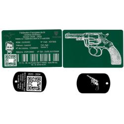 Licence de tir aluminium vert + Port&eacute; cl&eacute; TAG militaire en aluminium grav&eacute; au laser (Recto / Verso)