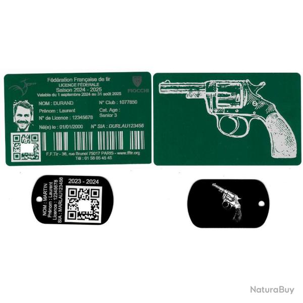 Licence de tir aluminium vert + Port� cl� TAG militaire en aluminium grav� au laser (Recto / Verso)