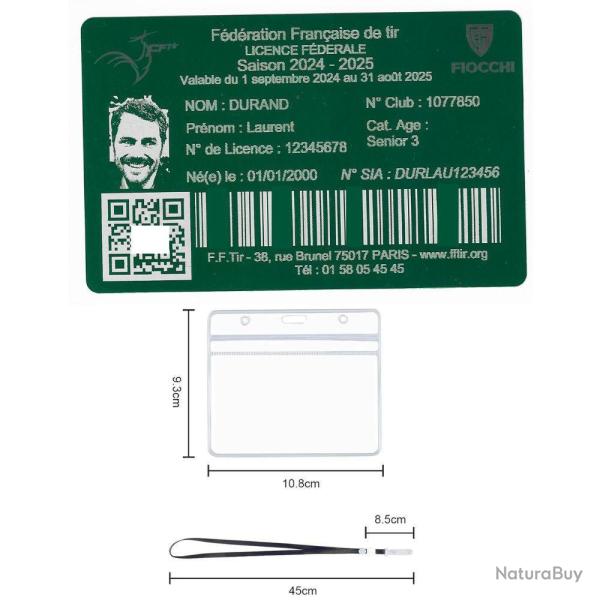 Licence de tir en aluminium vert grav� au laser (Recto) + Porte badge tour de cou