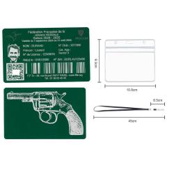 Licence de tir en aluminium vert grav&eacute; au laser (Recto / Verso) + Porte badge tour de cou