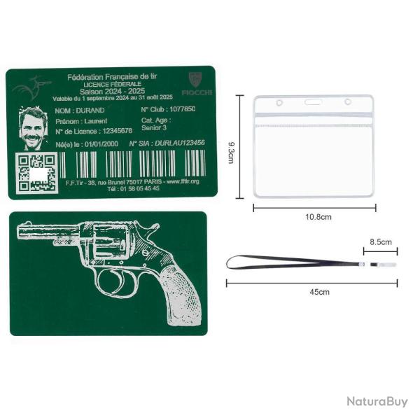 Licence de tir en aluminium vert grav� au laser (Recto / Verso) + Porte badge tour de cou