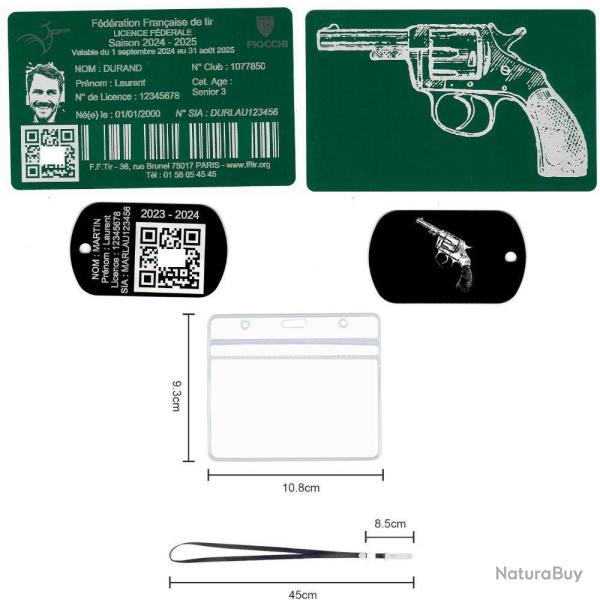 Licence de tir aluminium vert +Port� cl� TAG militaire en aluminium grav� au laser (Recto / Verso) +