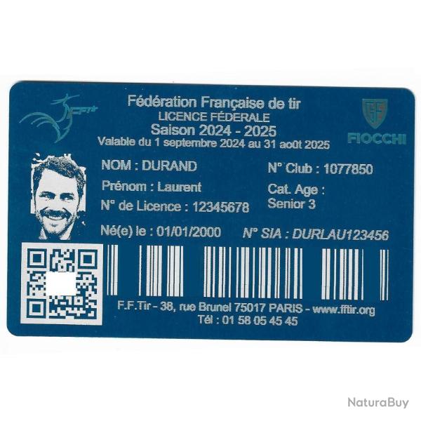 Licence de tir en aluminium bleu grav� au laser (Recto)