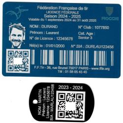 Licence de tir aluminium bleu + Port&eacute; cl&eacute; TAG militaire en aluminium grav&eacute; au laser (Recto)