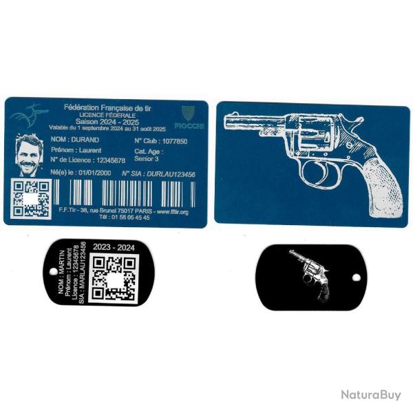 Licence de tir aluminium bleu + Port� cl� TAG militaire en aluminium grav� au laser (Recto / Verso)
