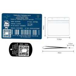 Licence de tir aluminium bleu + Port&eacute; cl&eacute; TAG militaire en aluminium grav&eacute; au laser (Recto) + Porte 