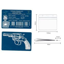 Licence de tir en aluminium bleu grav&eacute; au laser (Recto / Verso) + Porte badge tour de cou