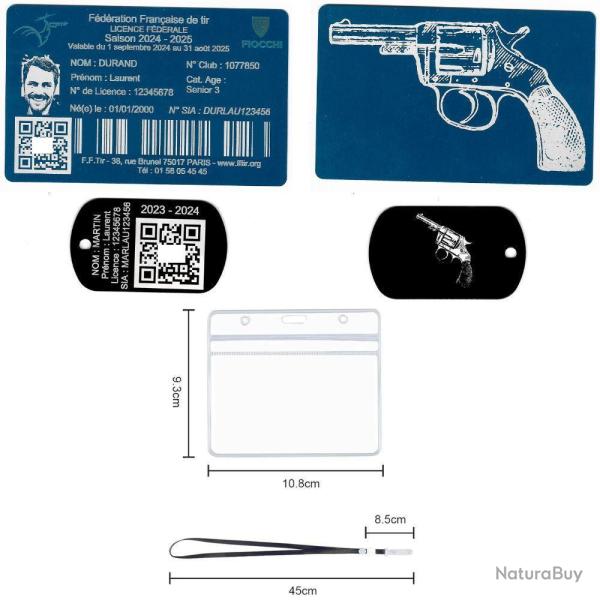 Licence de tir aluminium bleu +Port� cl� TAG militaire en aluminium grav� au laser (Recto / Verso) +