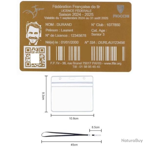 Licence de tir en aluminium dor� grav� au laser (Recto) + Porte badge tour de cou