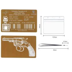 Licence de tir en aluminium dor&eacute; grav&eacute; au laser (Recto / Verso) + Porte badge tour de cou