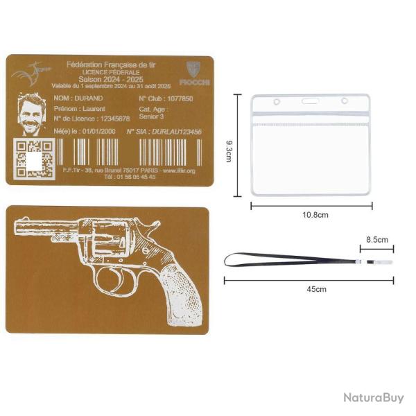 Licence de tir en aluminium dor� grav� au laser (Recto / Verso) + Porte badge tour de cou