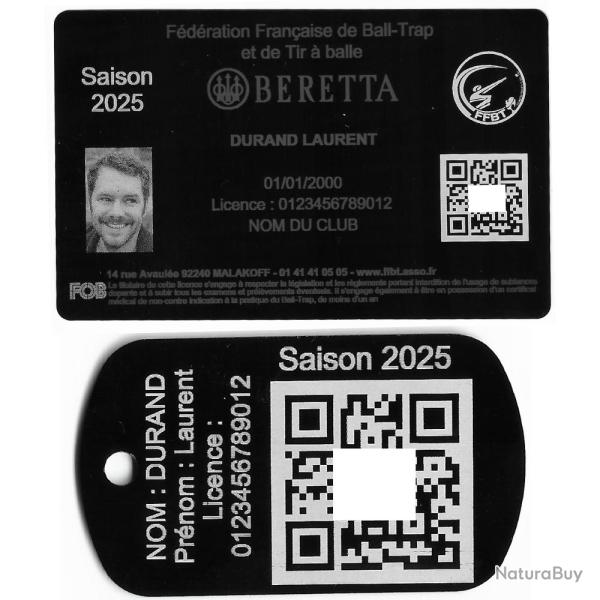 Licence de tir FFBT + Port� cl� TAG militaire en aluminium grav� au laser (Recto)