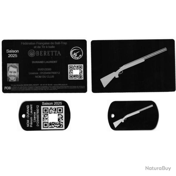 Licence de tir FFBT + Port� cl� TAG militaire en aluminium grav� au laser (Recto / Verso)