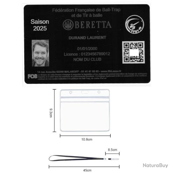 Licence de tir FFBT en aluminium grav� au laser (Recto) + Porte badge tour de cou
